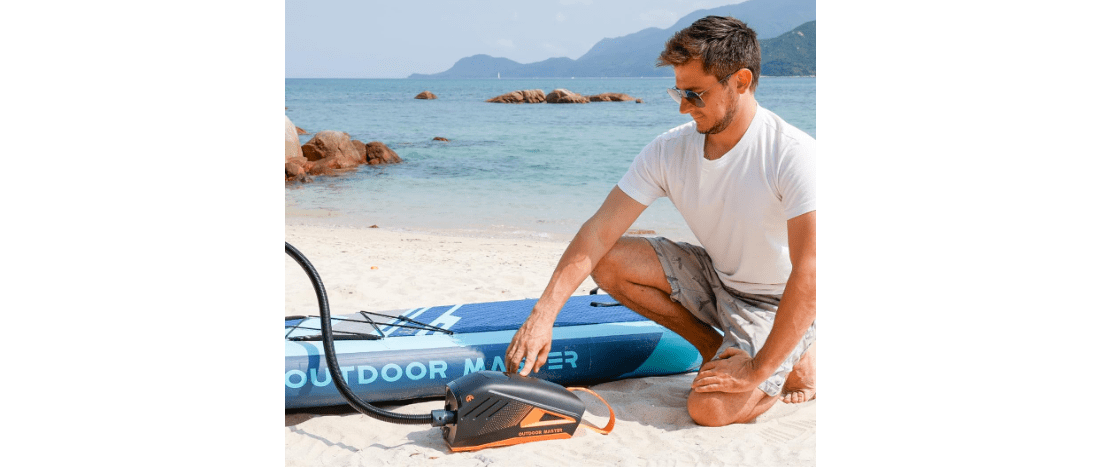 OutdoorMaster Shark 3 Paddle Board Pump Electric - 3'50" Fast Inflation, 20PSI 74Wh Rechargeable SUP Air Pump- Auto-Off & Deflation, 12V/15.8V DC & Type-C Input, 8 Nozzles for Inflatables, Boats,Kites 