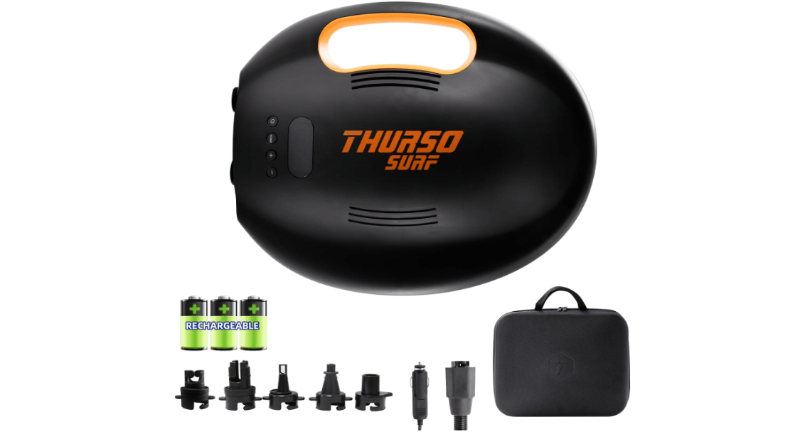 THURSO SURF 20PSI Rechargeable SUP Air Pump Digital Electric Paddle Board Pump 144W 4000mah Dual Stage Auto-Off Portable Inflation Deflation 12V DC Car Connector Battery Air Pump for Kayaks Boats 