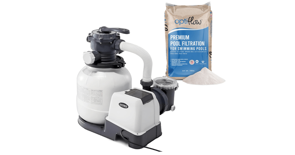 Intex 26645EG Krystal Clear 2100 GPH Sand Filter Pump for Above Ground Pools Bundled with OptiFlow Premium Pure Silica Filter Sand, 50 lb Bag 