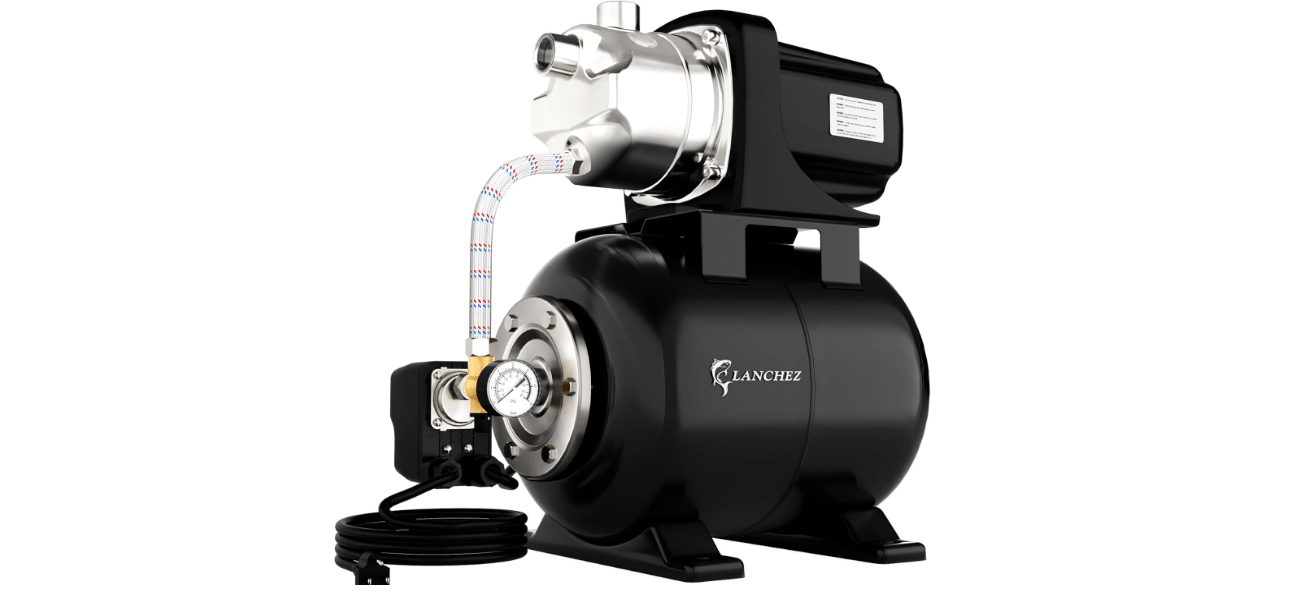 LANCHEZ 1.6HP Shallow Well Pump with Pressure Tank, 1340GPH Automatic Irrigation Water Booster Jet Pump, 115V Stainless Steel Water Transfer Pump for Home Garden Lawn Sprinkler Irrigation 