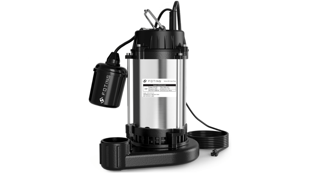 FOTING 1HP Submersible Sump Pump Cast Iron and Stainless Steel, 6000 GPH Sewage/Effluent Pump, 115V Automatic Tethered Float Switch, Septic Pumps for Basement, Septic Tank, Basin, Sewage System 