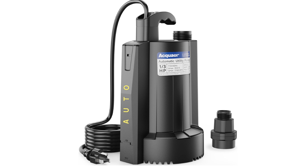 Acquaer 1/3 HP Automatic Submersible Water Pump, 115V Sump Pump with 3/4” Garden Hose Check Valve Adapter,2160 GPH High Flow Water Removal for Swimming Pool Cover Hot Tubs Flooded House Basement 
