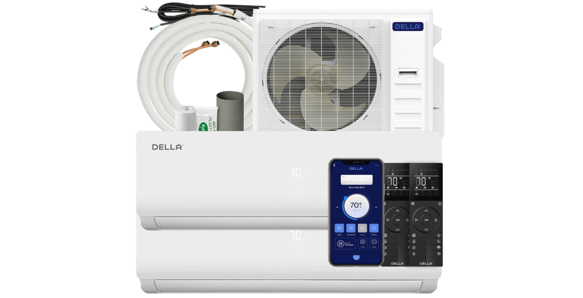 DELLA 35K BTU ODU 2 Dual Zone 18000 18000 BTU 19 SEER2 208-230V, Work with Alexa and Wifi, Cools Up to 2000 Sq.Ft, Multi Zone Ductless Pre-Charged Mini Split AC Heat Pump, 16ft Installation Kits 