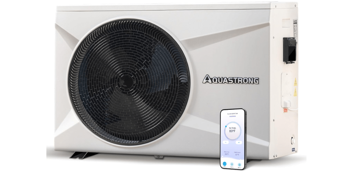 Aquastrong Inverter Swimming Pool Heat Pump, 35,000 BTU 9,000 Gallons Electric Pool Heater for Above Ground and Inground Pool, WiFi Capable Timer, Heating and Cooling Pool Heater 120V 
