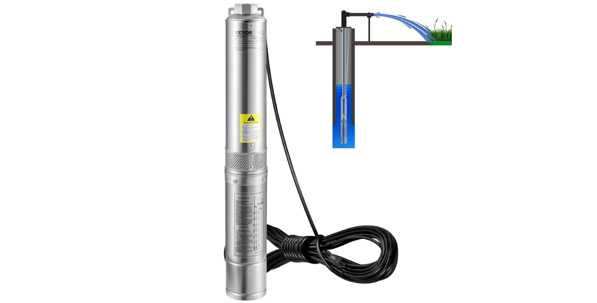 VEVOR Deep Well Submersible Pump, 1HP 115V/60Hz, 37gpm Flow 207ft Head, with 33ft Electric Cord, 4" Stainless Steel Water Pump for Industrial, Irrigation&Home Use, IP68 Waterproof Grade 