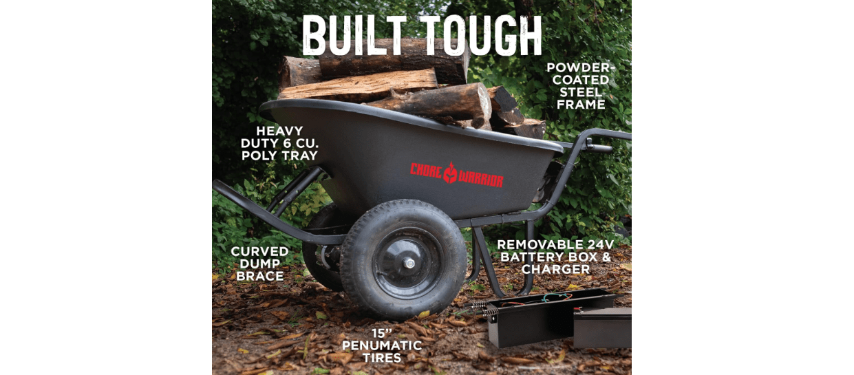 Chore Warrior Electric Powered Wheelbarrow 350 LBS Capacity and 6 Cu FT Poly Tray 8 Hour Battery Life 