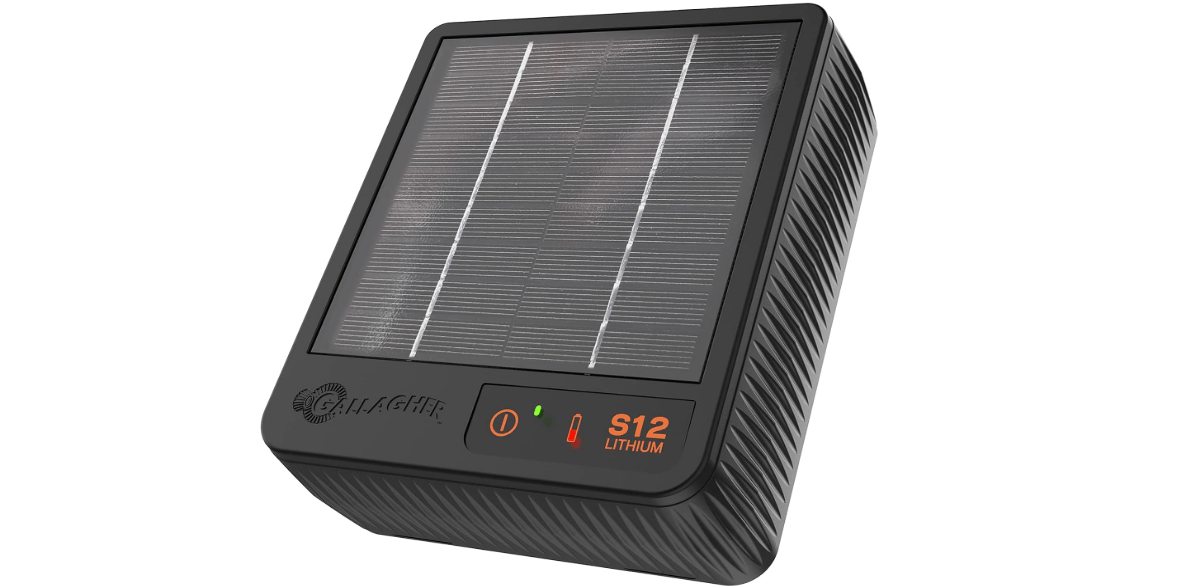 Gallagher S12 Solar Electric Fence Charger | Powers Up to 4 Miles / 18 Acres of Fence | Solar Lithium Technology, 0.12 Stored Joule Energizer | Built-in Earthing | Portable and Super Tough 