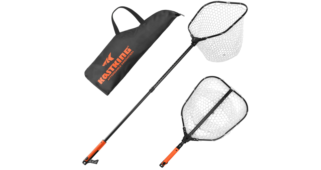KastKing Brutus Folding Landing Net with Boat Hook, Foldable, Extendable, Lightweight & Strong, Multi-Functional Built-in Boat Hook, Non-Slip & Bright Orange TPR Handle, Two Nets Options

