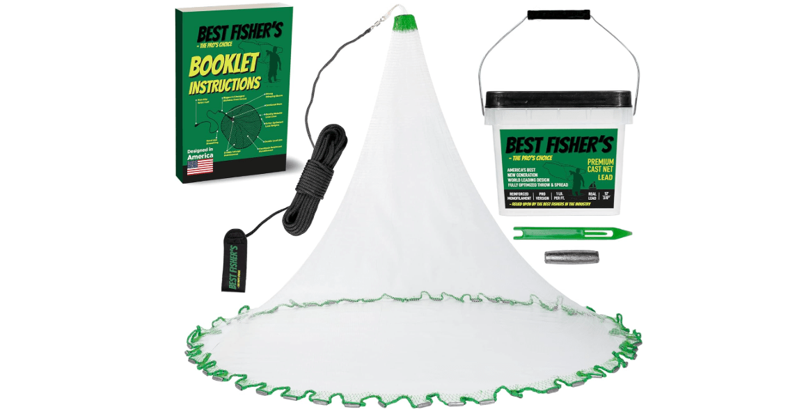 American Pro Cast Net - 4ft/6ft/8ft/10ft/12ft - 3/8" Mesh - Real Lead 1-lbs/ft Double Line - 2024 Upgraded & Optimized - Old Salt Premium Cast Nets for Fishing - E-Book & Utility Box Included
