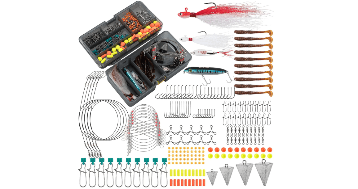 Dr.Fish 269 Pieces Surf Fishing Tackle Box Kit, Saltwater Ocean Beach Fishing Gear Supplies, Lure&Rig Accessories, Bucktail Jigs Saltwater Lures Walking Bait Surf Casting Pyramid Sinkers