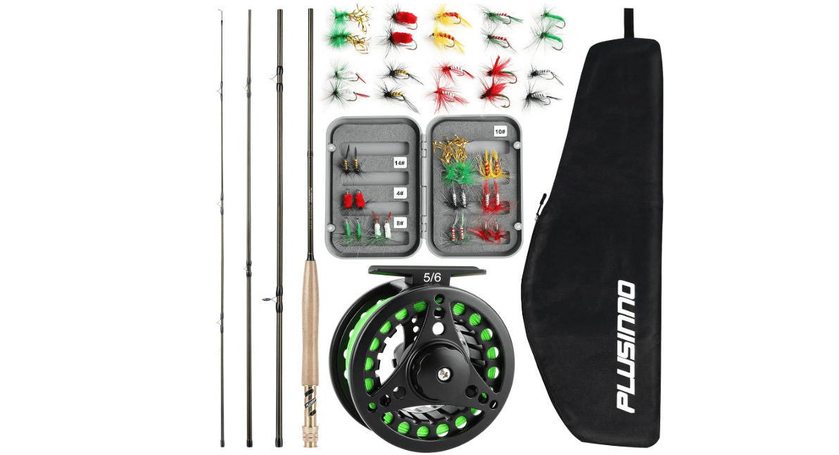 PLUSINNO Fly Fishing Rod and Reel Combo, 4 Piece Lightweight Ultra-Portable Graphite Fly Rod 5/6 Complete Starter Package with Carrier Bag
