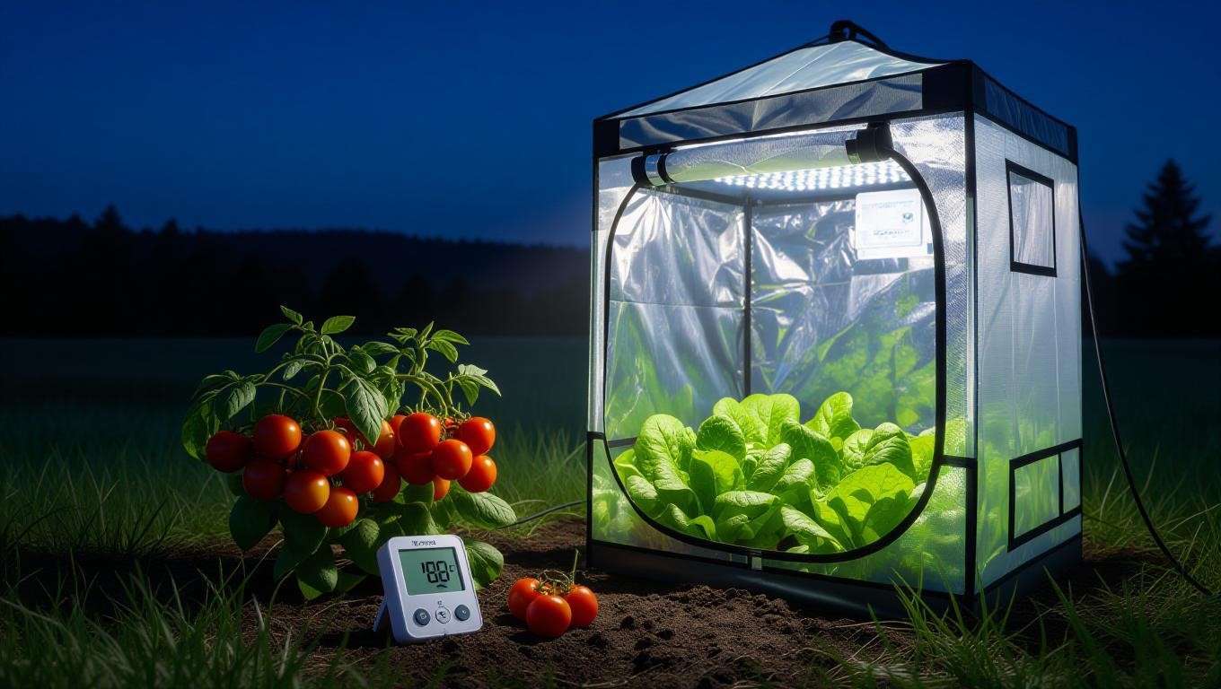 Nighttime view of a vegetable grow tent with a digital thermometer and hygrometer for temperature monitoring.