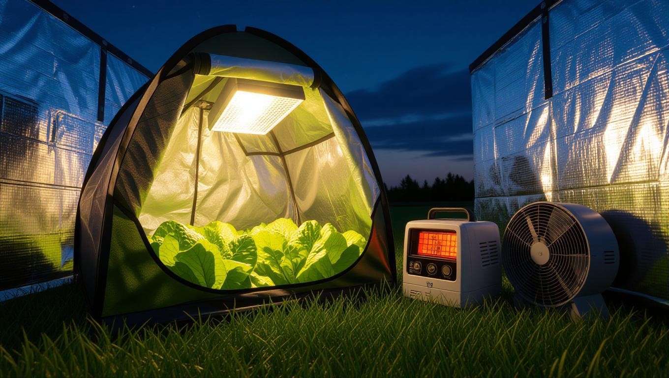 Vegetable grow tent showing overheating risks with wilting plants at night.