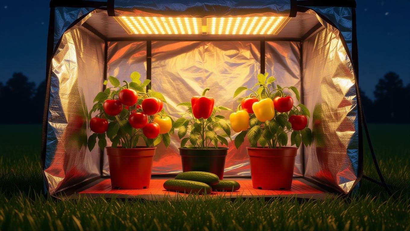 Warm-season vegetable grow tent with tomatoes, peppers, and cucumbers at night.