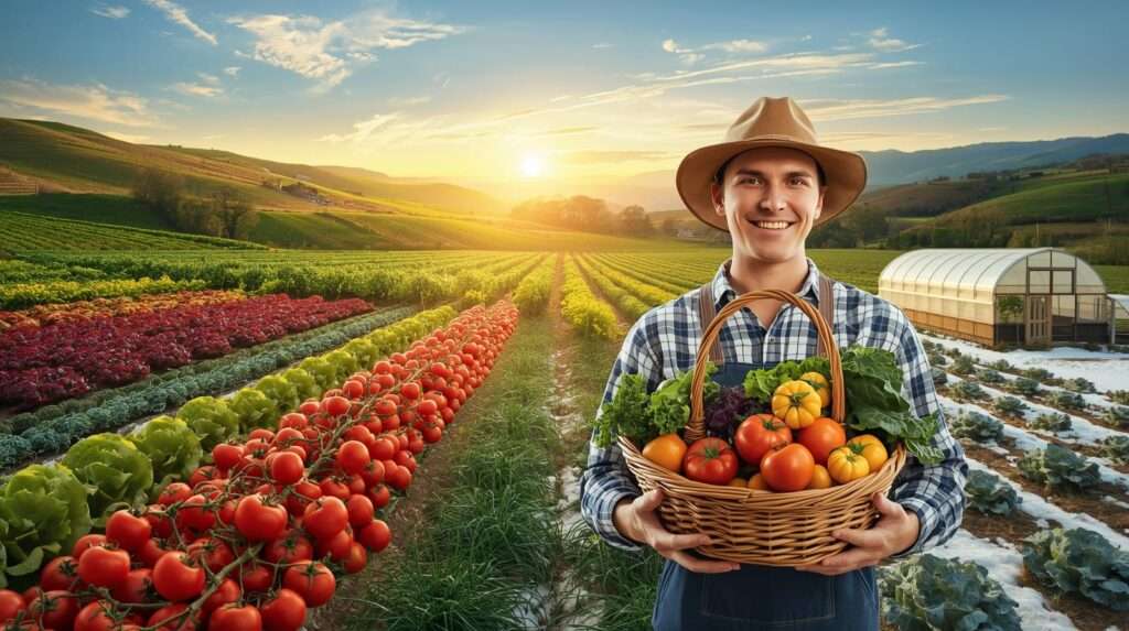 Farmer with a basket of crops in a multi-seasonal farm landscape, featuring spring lettuce, summer tomatoes, fall kale, and a winter greenhouse.