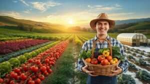 Farmer with a basket of crops in a multi-seasonal farm landscape, featuring spring lettuce, summer tomatoes, fall kale, and a winter greenhouse.
