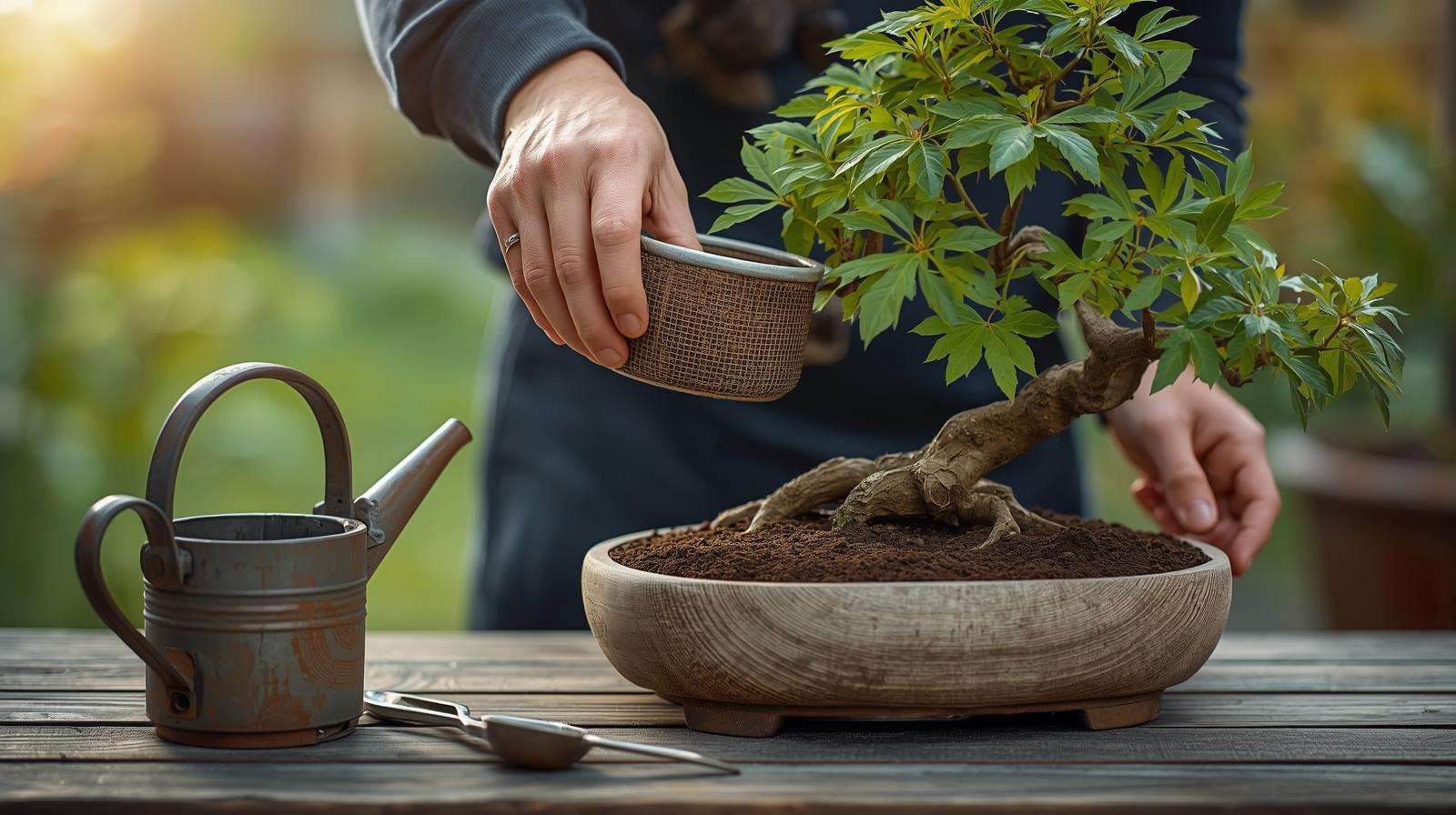 Gardener applying organic fertilizer pellets to a bonsai tree in a ceramic pot, with tools on a workbench.