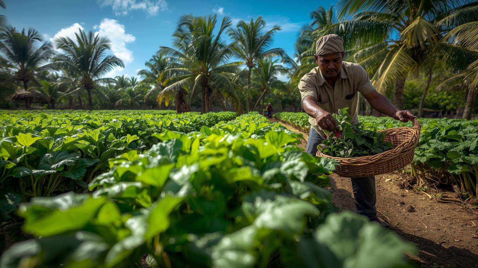 Farmer harvesting vibrant callaloo in a tropical Haitian garden, showcasing Haitian vegetables with lush green leaves under a Caribbean sun.