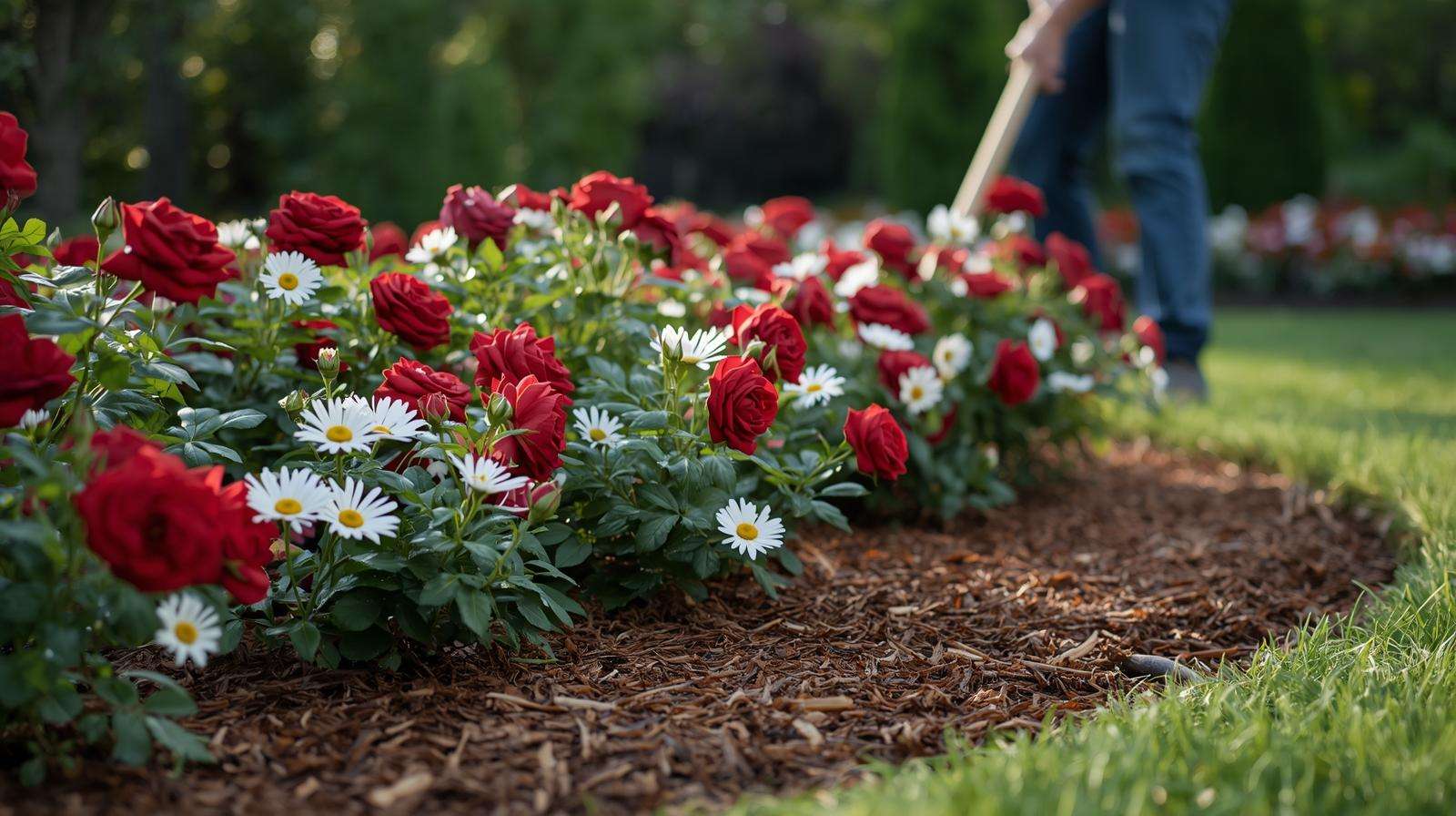 Flower bed thriving with shredded bark American mulch for garden health.