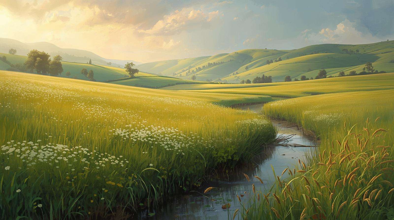 Field with clover and rye cover crops alongside a stream for soil enrichment and erosion control