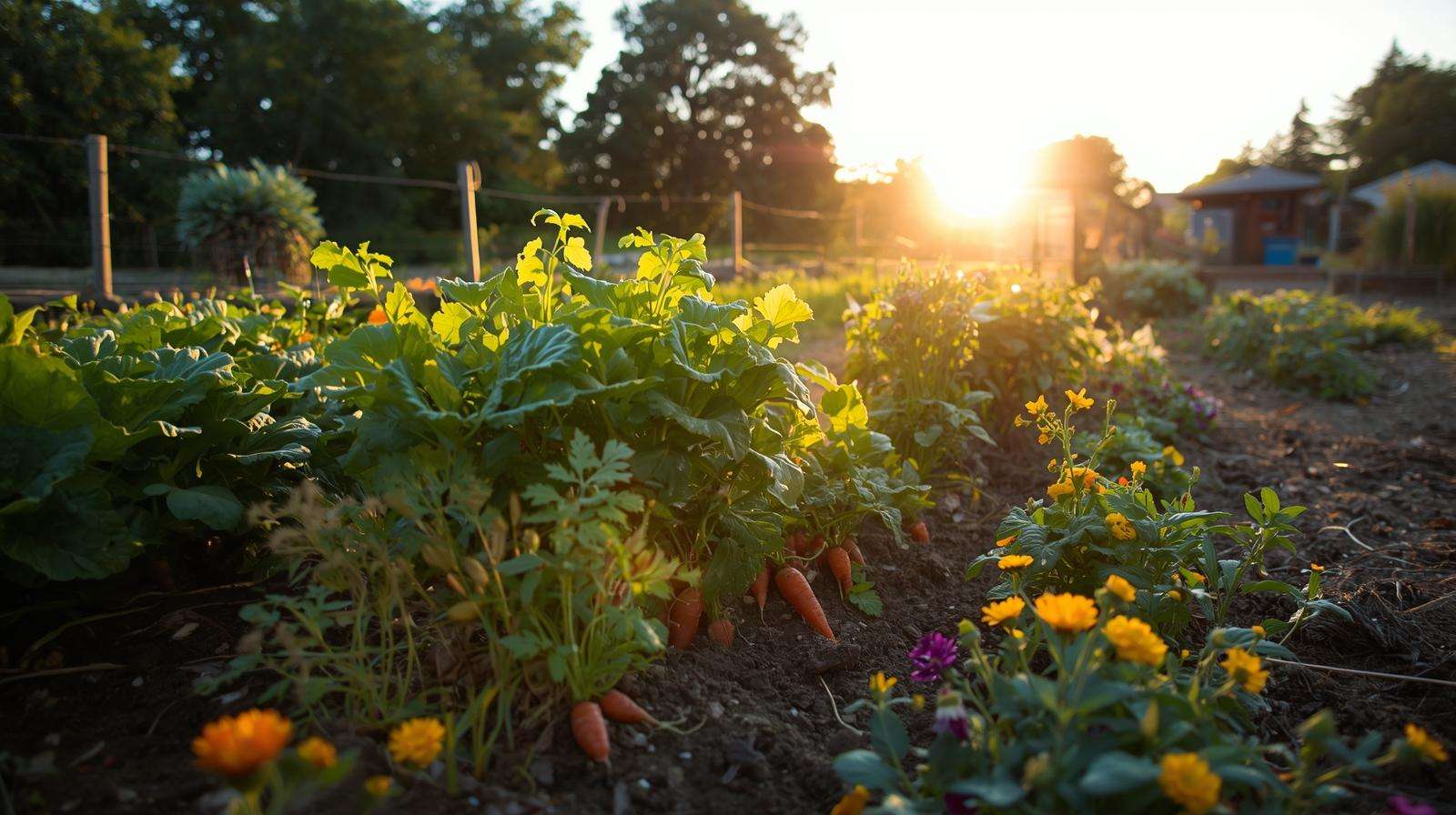 Vibrant compost pile with organic materials in lush garden beds for sustainable soil management