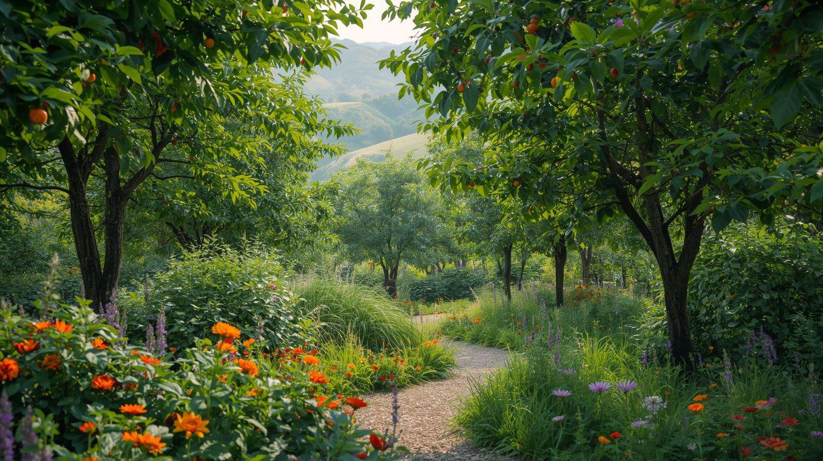 Permaculture forest garden with diverse plants and ecological succession pattern