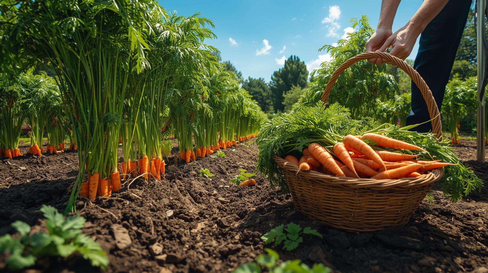 Gardener harvesting ‘Nantes’ carrots in a sunlit garden, showcasing cream cheese vegetables for vibrant homemade vegetable spreads.