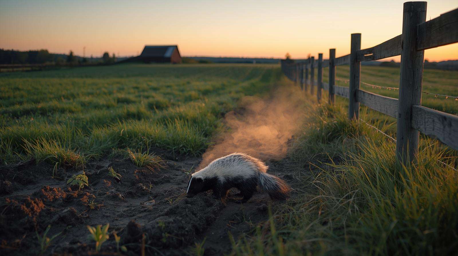 Skunk digging in a farm crop field at dusk, showing damage to plants and faint odor cloud. Image 2
