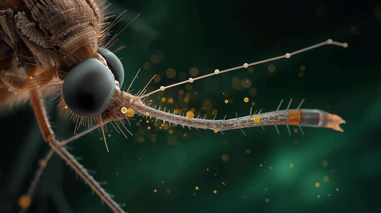 Close-up of mosquito antenna showing citronellal binding to olfactory receptors for natural repellency