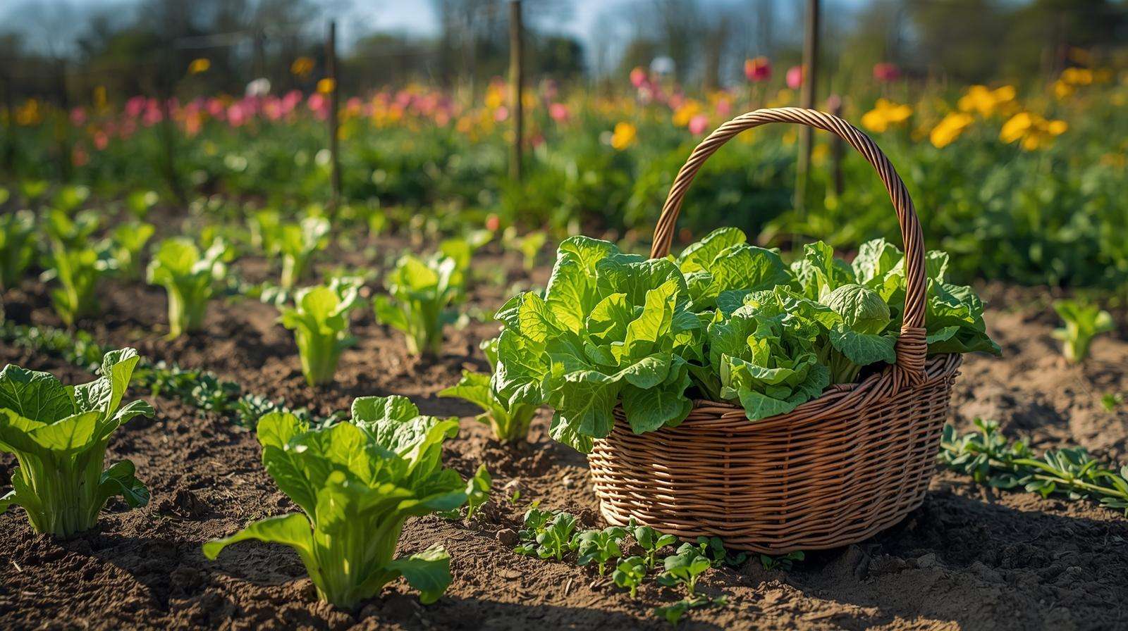 Gardener harvesting ‘Black Seeded Simpson’ lettuce in a spring garden, showcasing crop growing seasons for vibrant food crop cultivation.