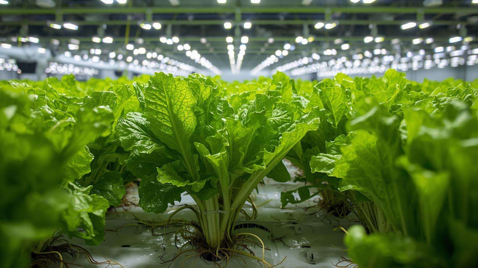 Hydroponic NFT system with buttercrunch lettuce under LED lights in a vertical farm