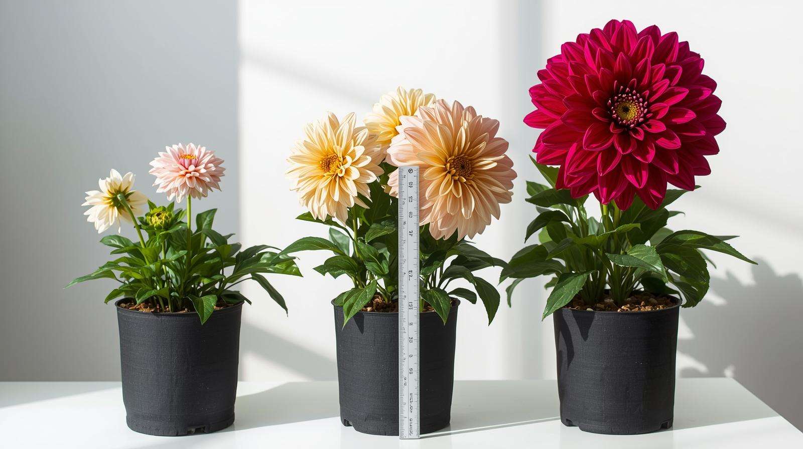 Dahlia height class comparison: miniature, border, and dinner-plate cultivars in 5-gallon fabric pots with ruler for scale.