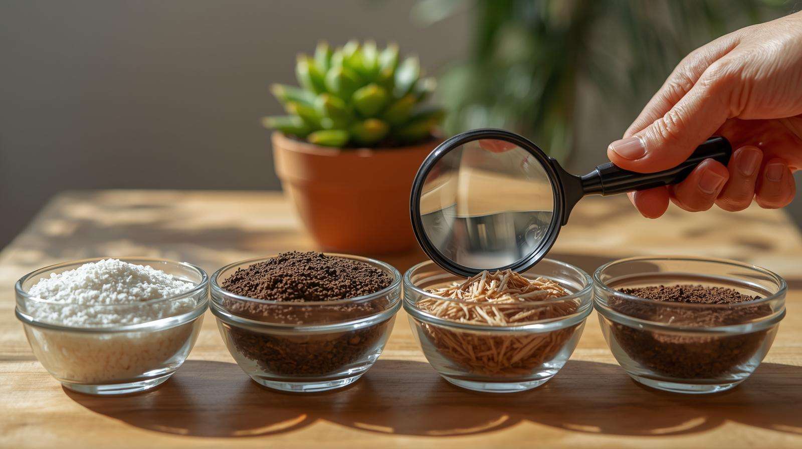 Gardener examining perlite, pumice, coir, and compost with magnifying glass, showcasing components of succulent cacti soil for drainage.
