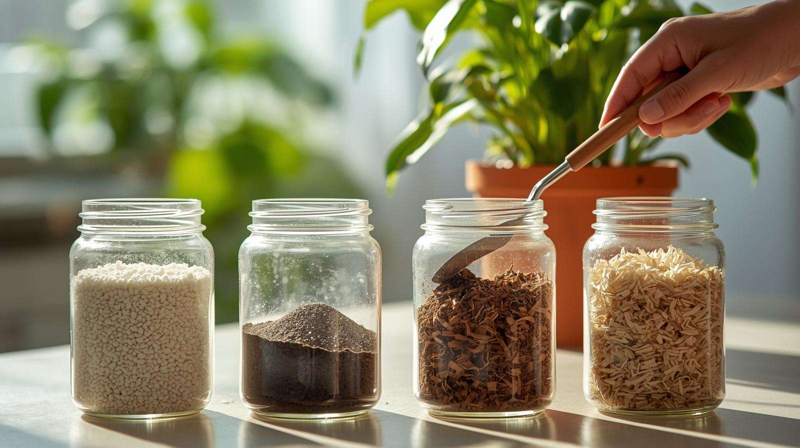 Gardener mixing perlite, pumice, bark, and coir, showcasing aeration components of ZZ plant soil with thriving ZZ plant.