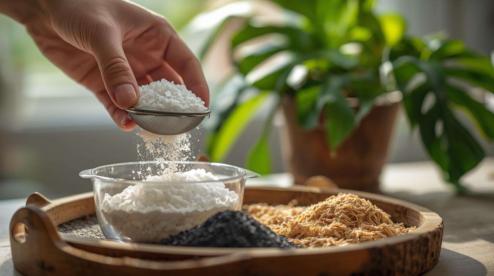 Gardener sifting perlite, bark, charcoal, and coir, showcasing key components of aroid soil mix with thriving Monstera.