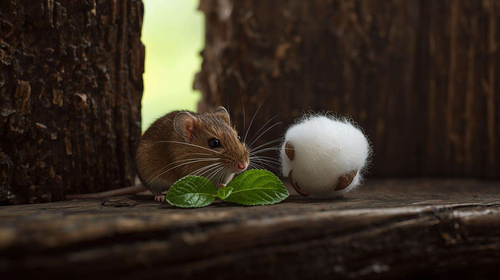 Close-up of mouse avoiding peppermint oil on cotton ball in barn – natural mice repellent