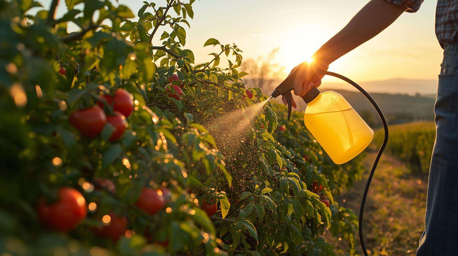 Farmer spraying neem oil on tomato plants for natural pest control in a lush farm setting.