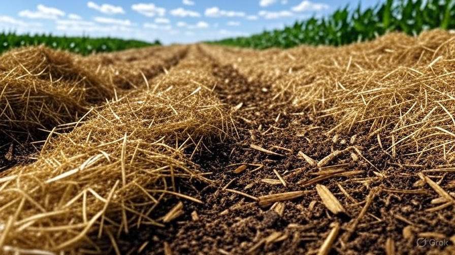 Close-up of straw and wood chip mulch in an organic farm field with healthy crops under a sunny sky.
