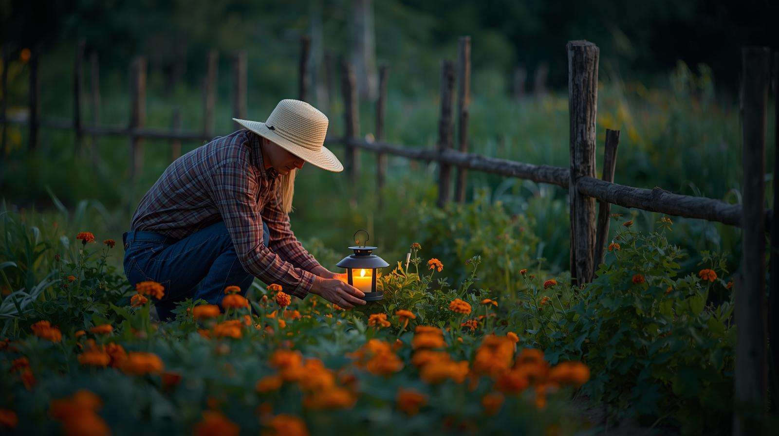 Farmer placing citronella candle near vegetable garden with marigolds for natural pest control.