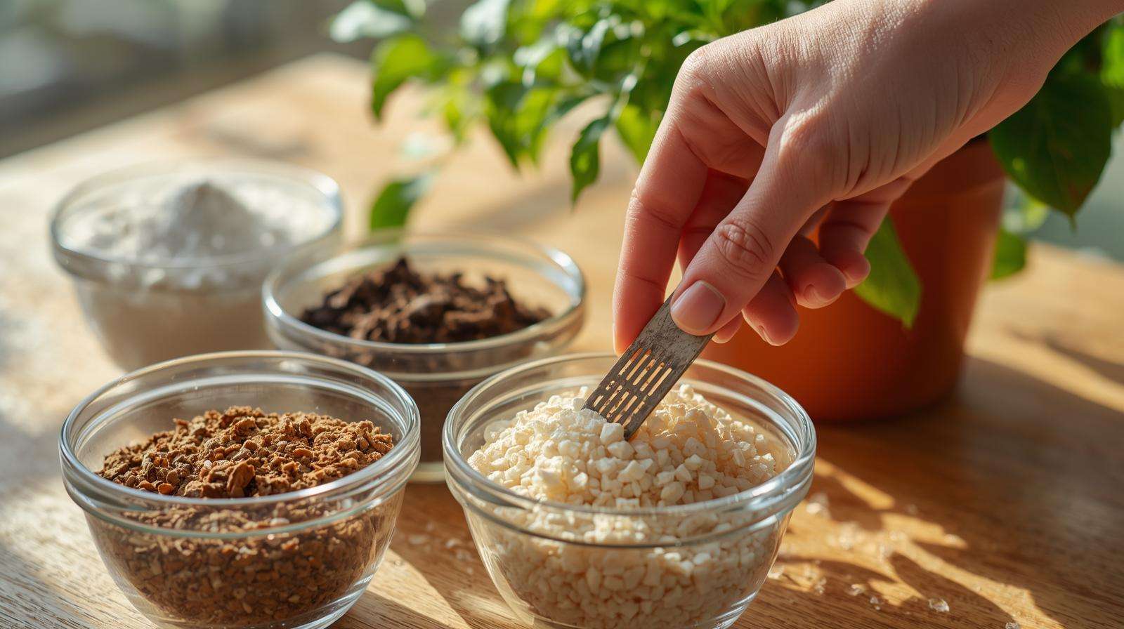 Grower sifting perlite, compost, worm castings, and coir, showcasing core components of best soil for plants with thriving Amaranth.