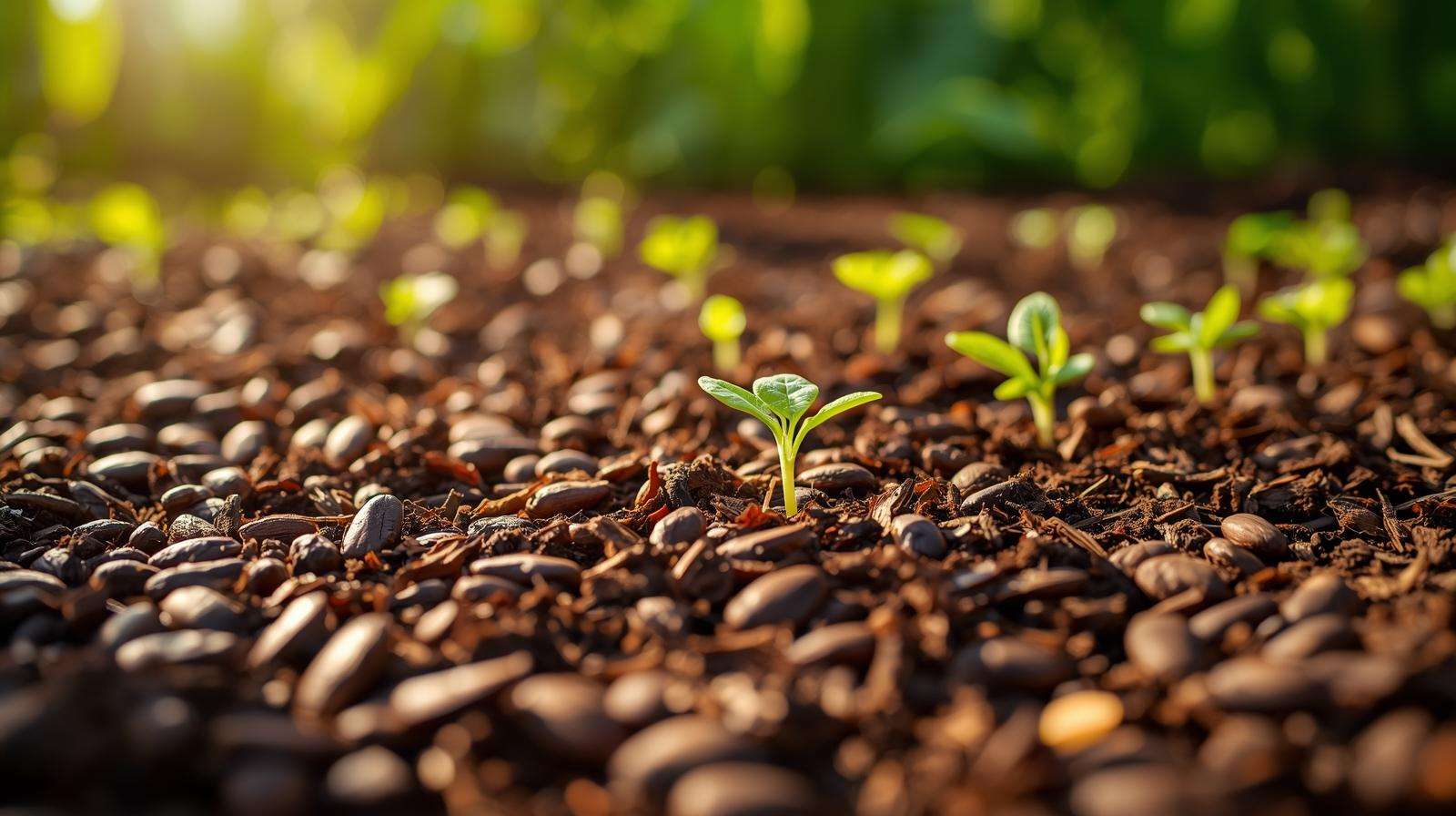 Close-up of cocoa bean mulch enhancing soil health with sprouting vegetable plants in organic farming.