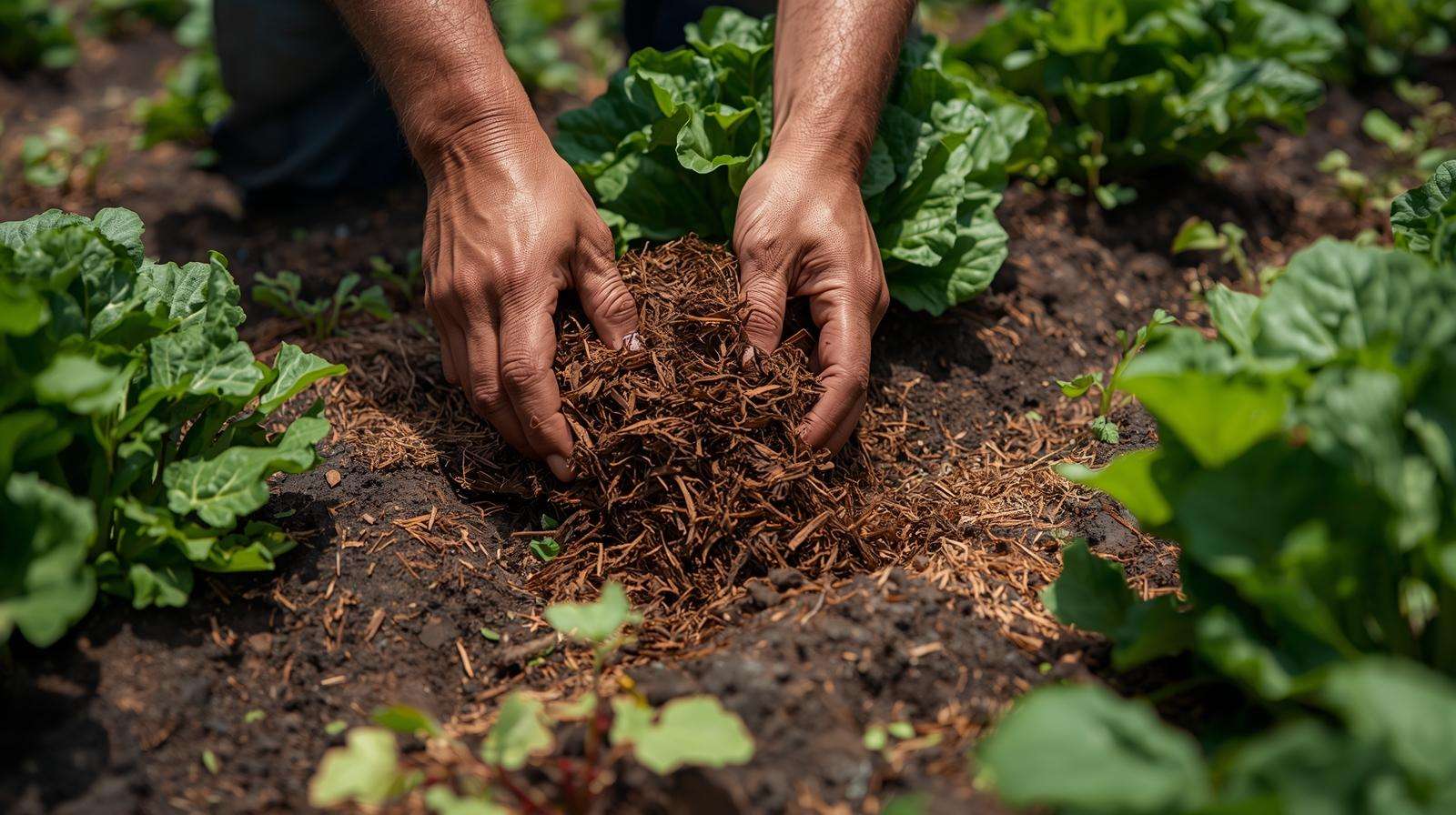 Farmer applying triple shredded mulch to vegetable plants in an organic farm field.
