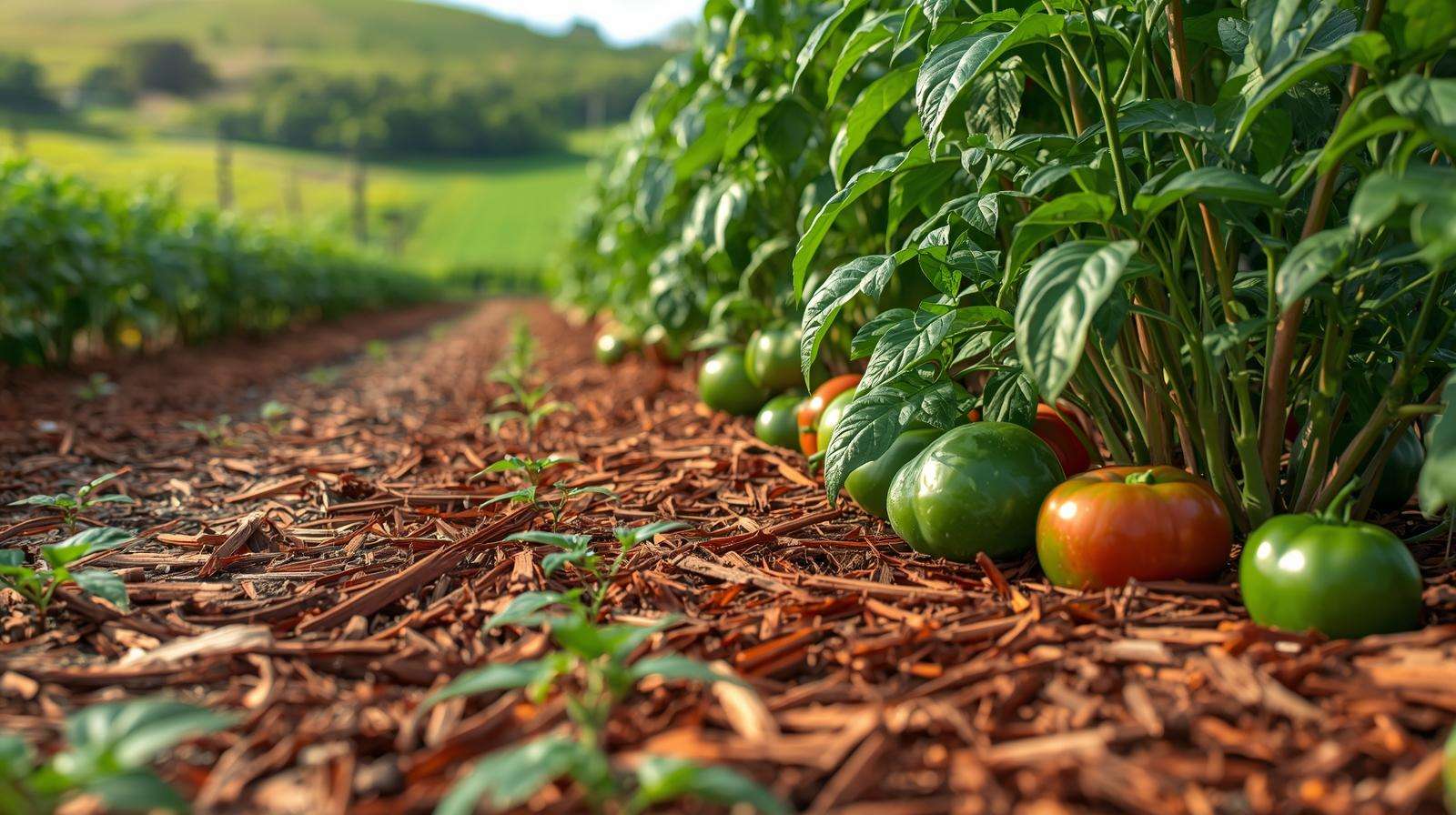 Close-up of cedar mulch around healthy organic vegetable plants in a weed-free garden