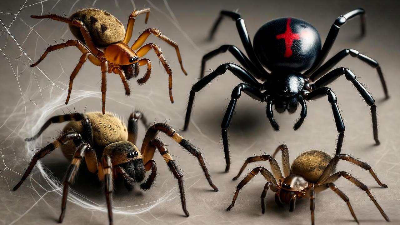 Four common North American house spiders identification: house spider, false black widow, funnel weaver, brown recluse