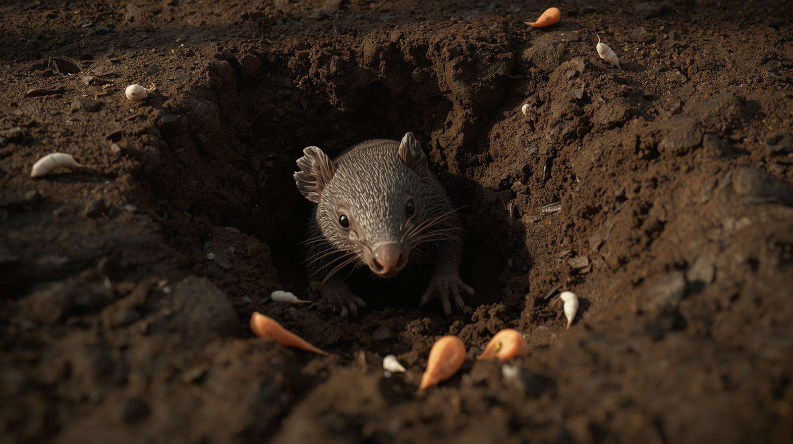 Fresh armadillo hole in garden soil showing depth and grub attraction