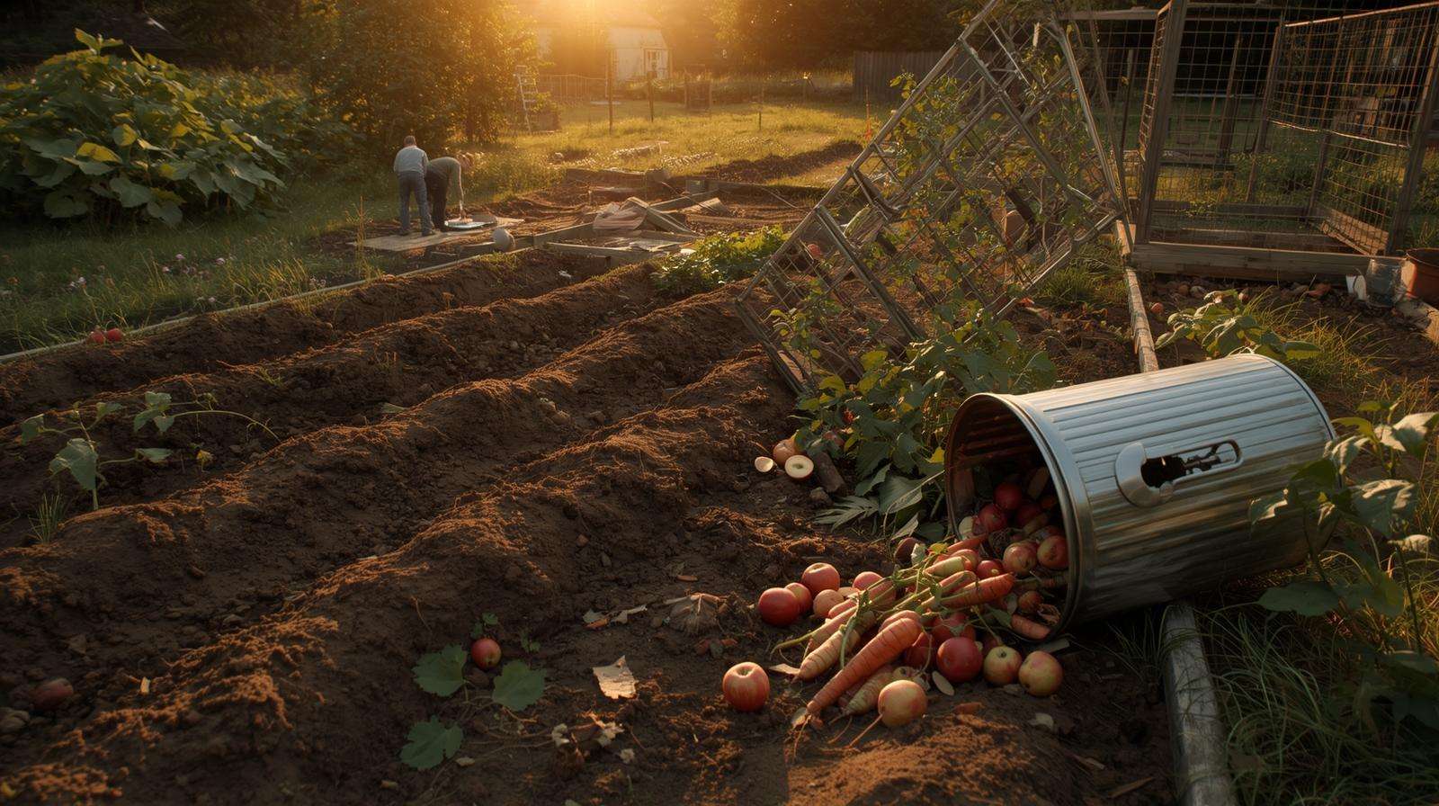Skunk damage in vegetable garden with dug soil and fallen fruit