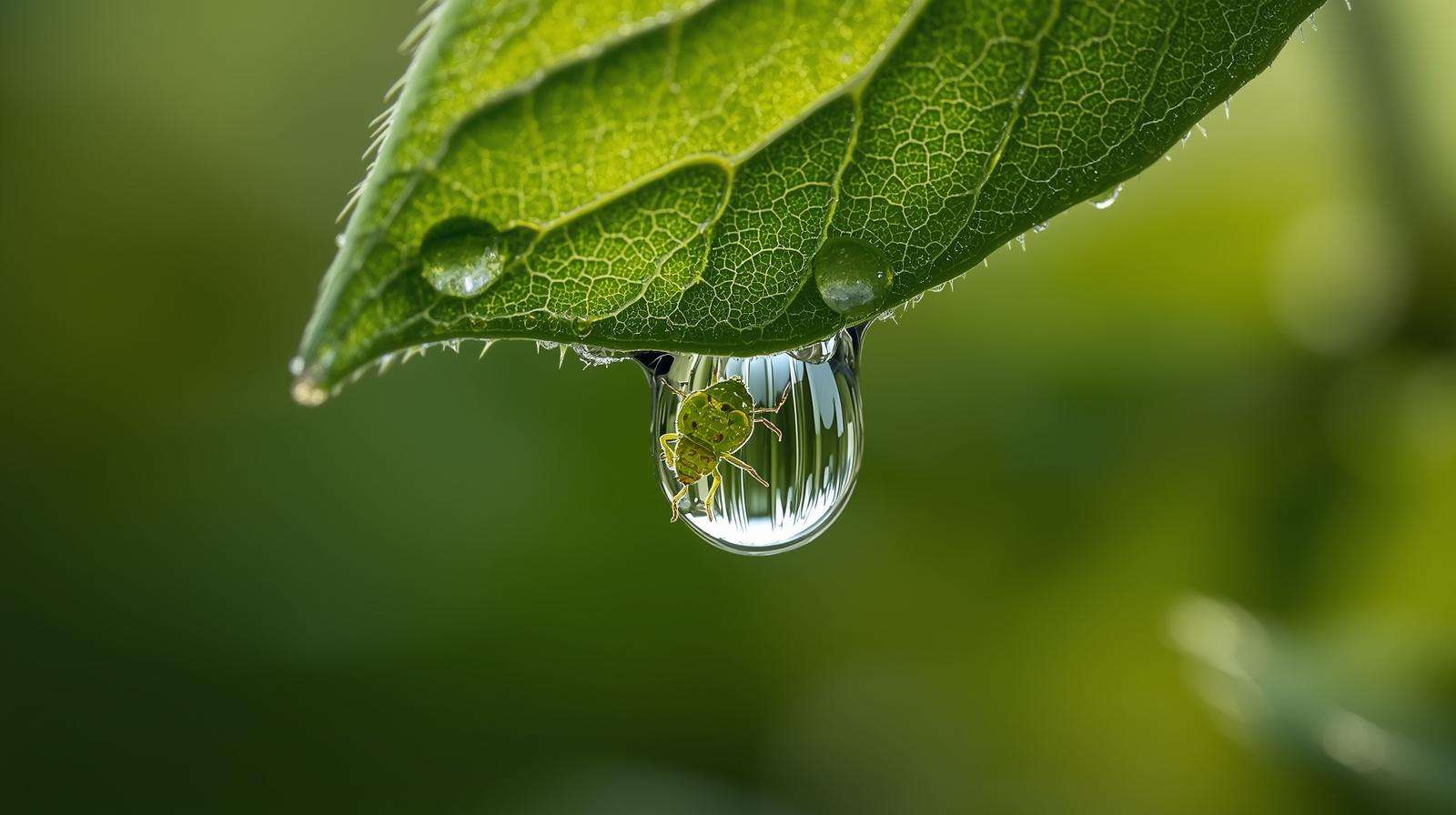 Water droplet rolling off tomato leaf with aphid sliding away – water repellent tent spray effect