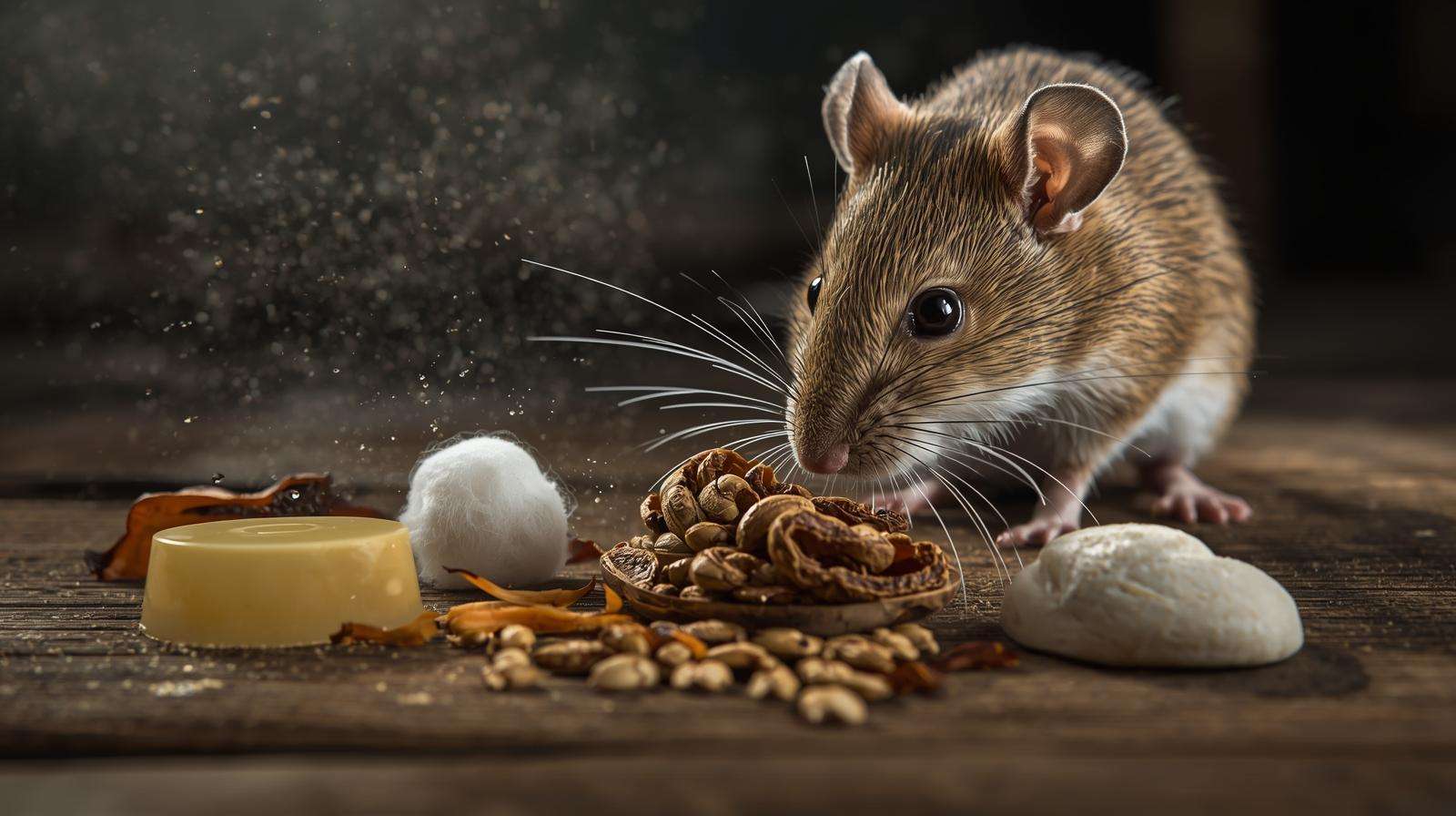 House mouse evaluating natural baits for traps including bacon fat and sunflower seeds in barn setting