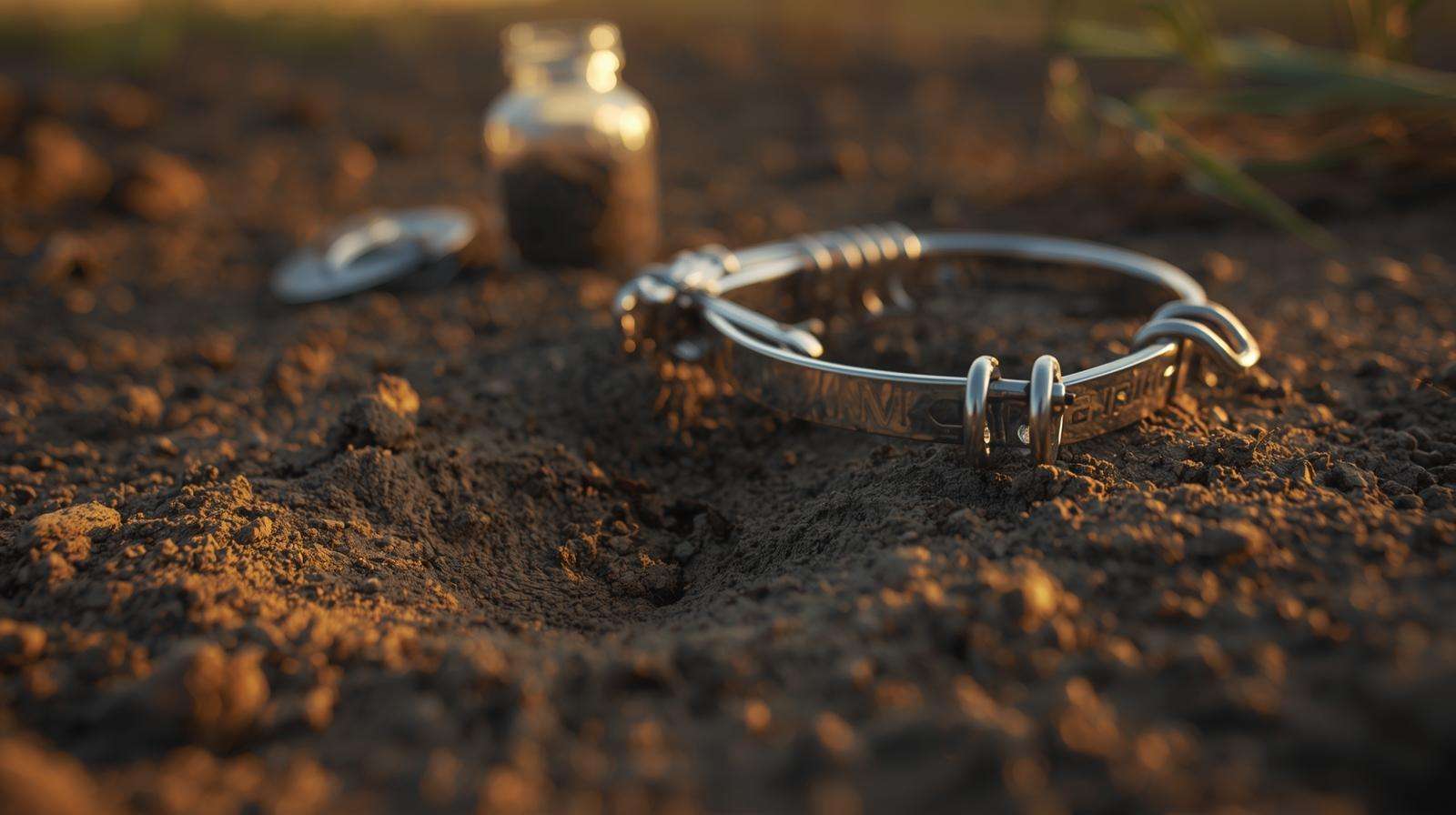 Properly bedded coyote trap in dirt-hole set with fresh track for effective natural pest control