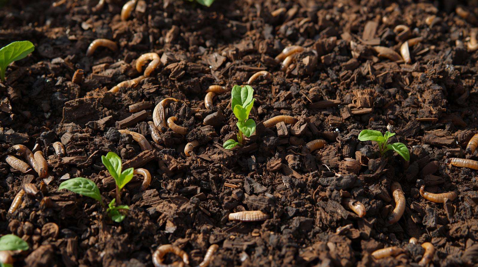 Close-up of organic soil with Penn Mulch and sprouting vegetables.